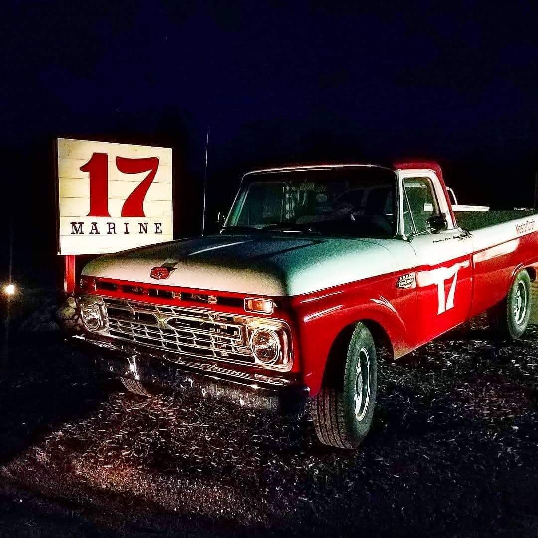 17 Marine red truck at night with 17 Marine sign